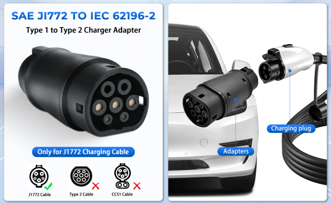 Type 1 To Type 2 EV Charging Adapter SAE J1772 To IEC62196 32A 250V 8KW